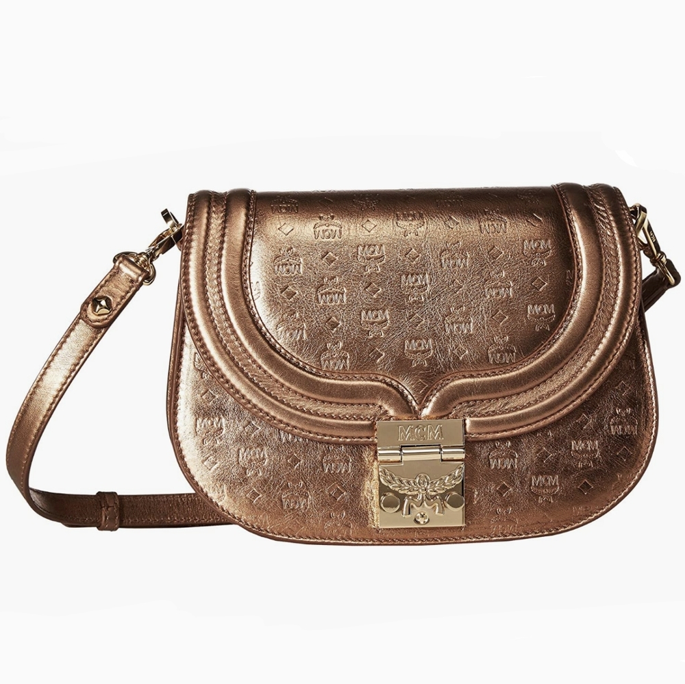 MCM Trisha Monogrammed Leather Shoulder Small, Munichi Gold
